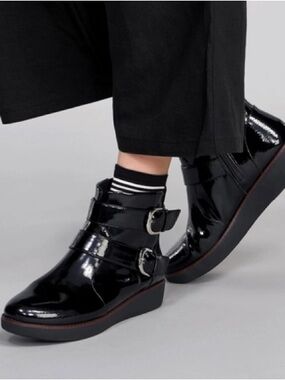 Fitflop Black Patent Leather Buckle Ankle Boots, Size 9